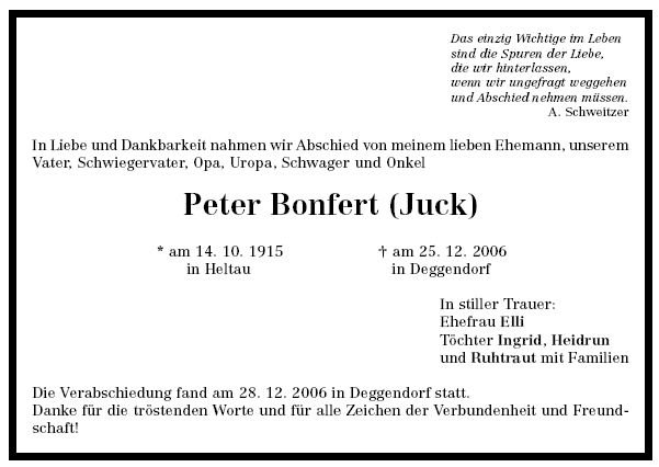 Bonfert Peter 1915-2006 Todesanzeige
